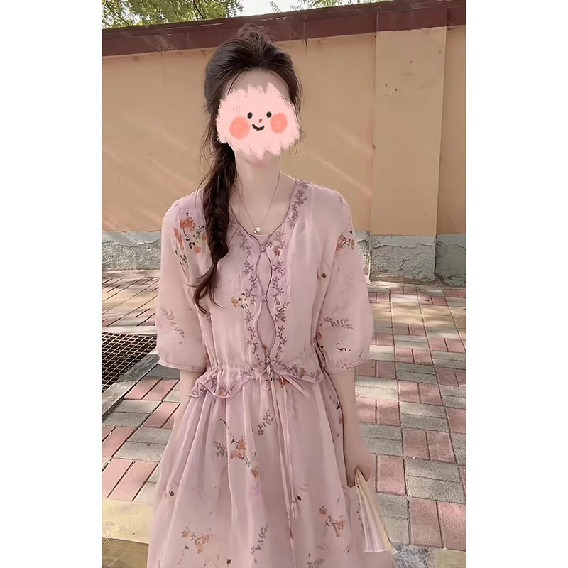 『刺绣蔷薇』时尚气质百搭连衣裙夏季国风新中式收腰中袖长裙女