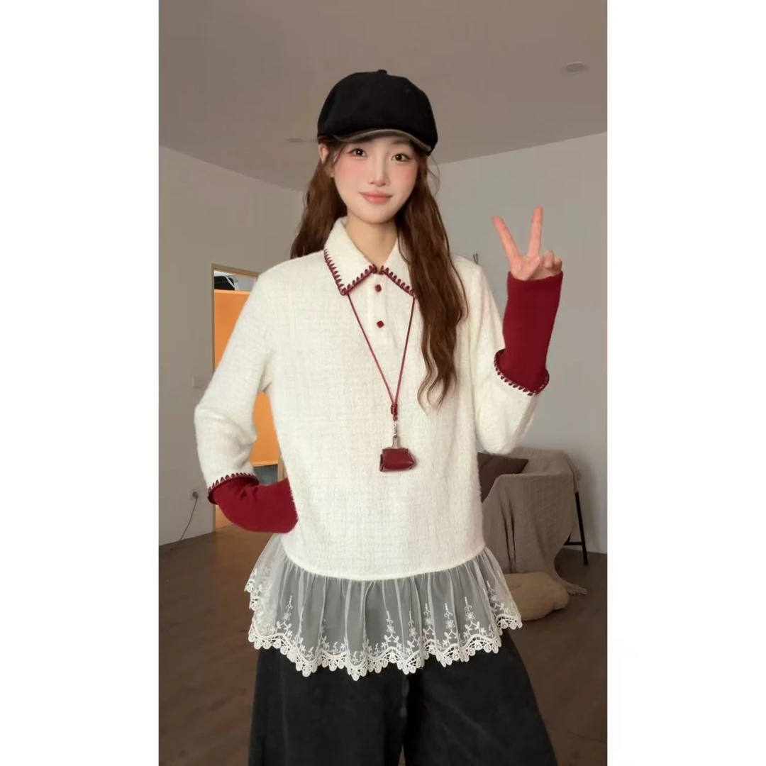 VGVL上衣秋冬季设计感新款撞色蕾丝下摆百搭打底衬女21184