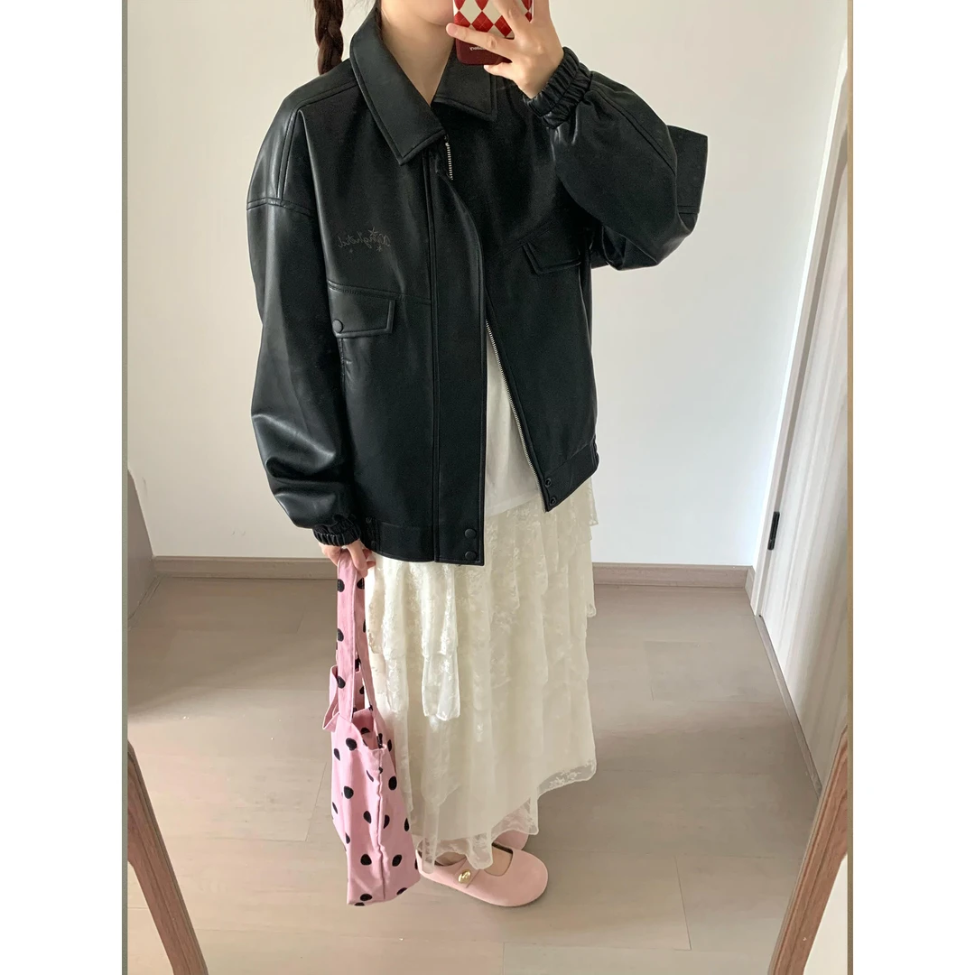 美式翻领机车廓形上衣pu复古黑色皮衣外套女秋季宽松百搭夹克上衣