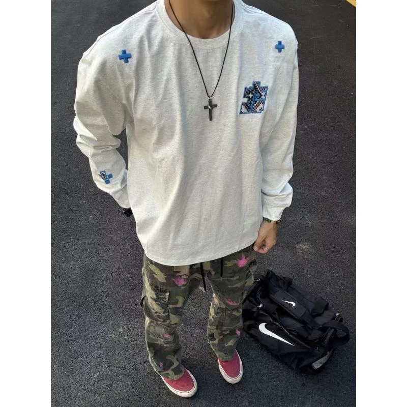 2025重磅潮牌字母刺绣圆领长袖T恤男春秋季新款美式高街宽松上衣