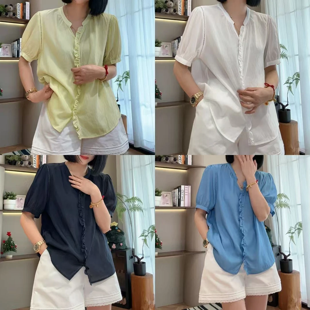 夏季木耳边捏褶衣襟短袖衬衣衬衫5-5-4