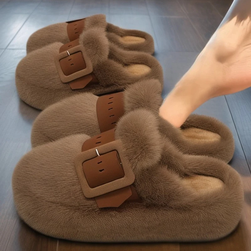 厚底皮带扣包头毛毛拖鞋女2025新款百搭秋冬外穿软底防滑孕妇棉拖