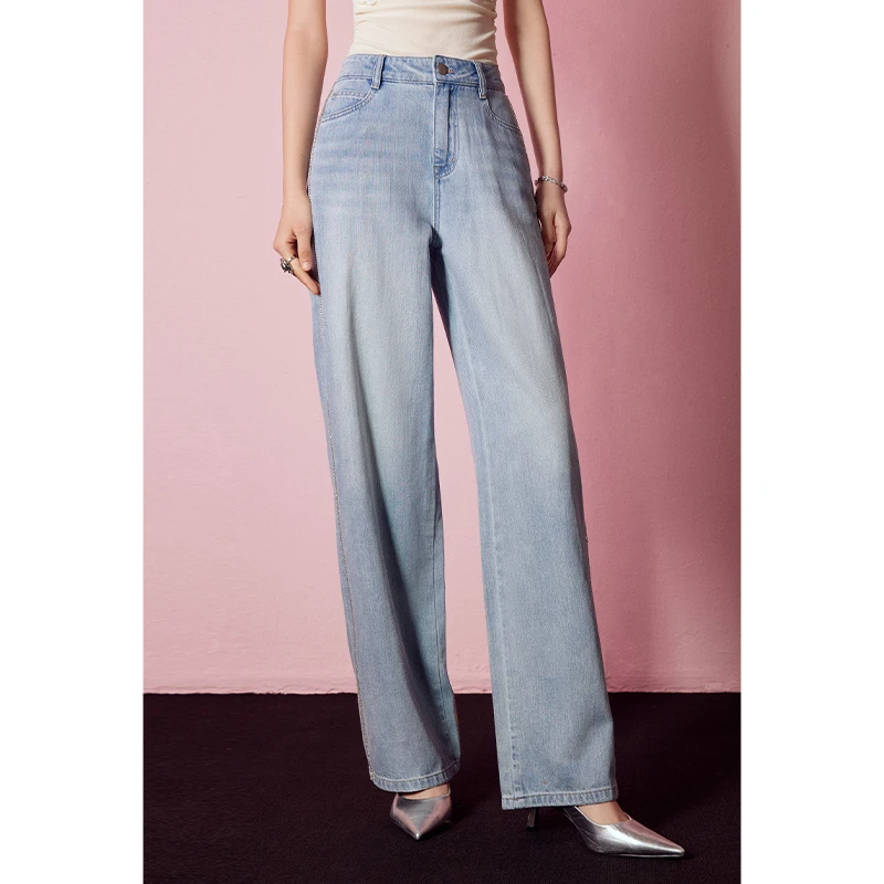 MandyZhang复古高棉水洗蓝牛仔裤女夏季阔腿高级感直筒长款裤子