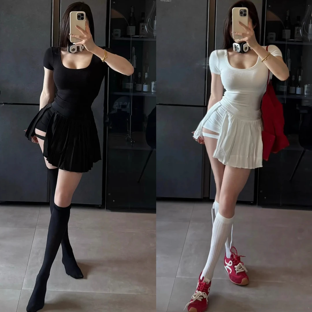 绑带辣妹性感开叉百褶瑜伽短裙自带安全裤防走光网球运动健身裙裤