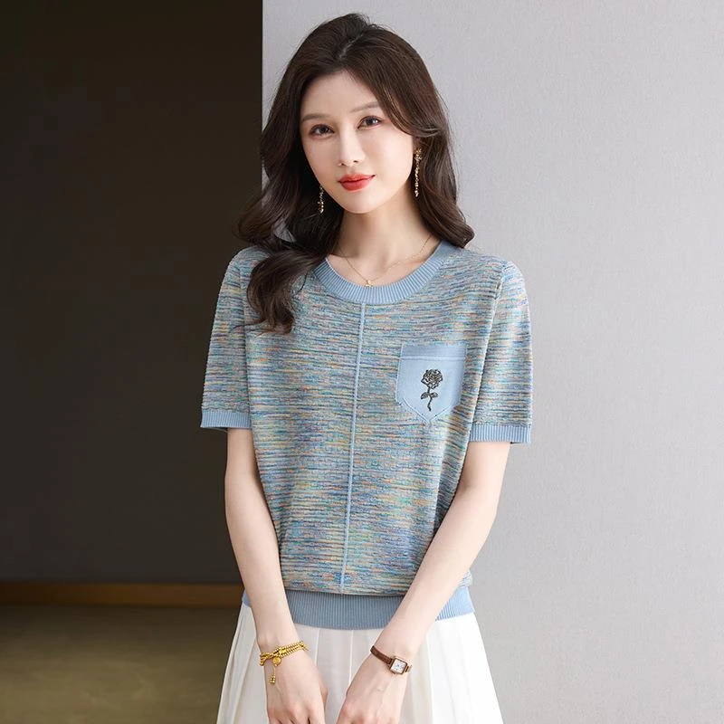 母亲节2025年优雅夏季新款短袖恤时尚圆领花线洋气针织薄款冰丝上