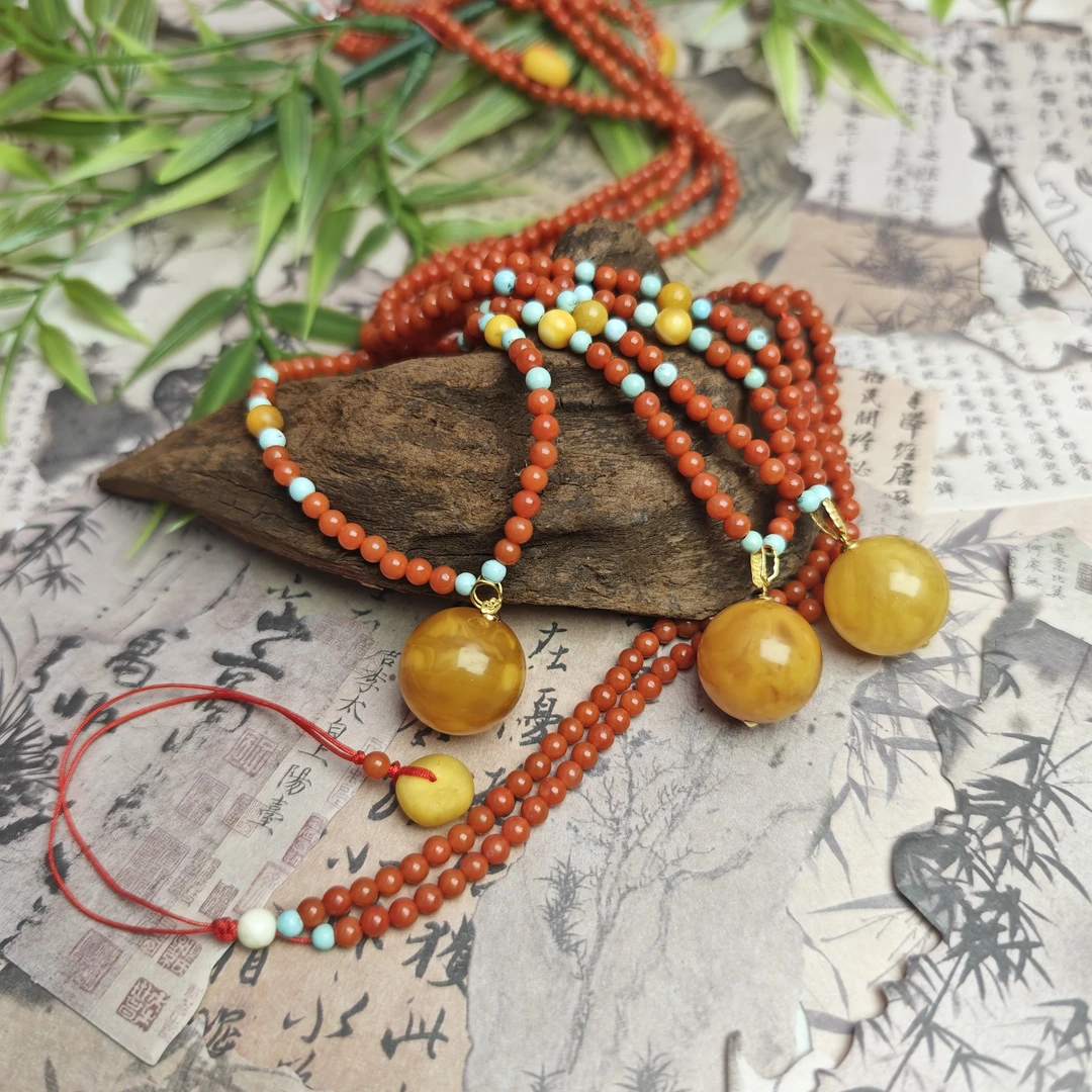 【蜜语原创】金镶圆珠蜜蜡锁骨链卡16+ 南红配链（多样性发其一）