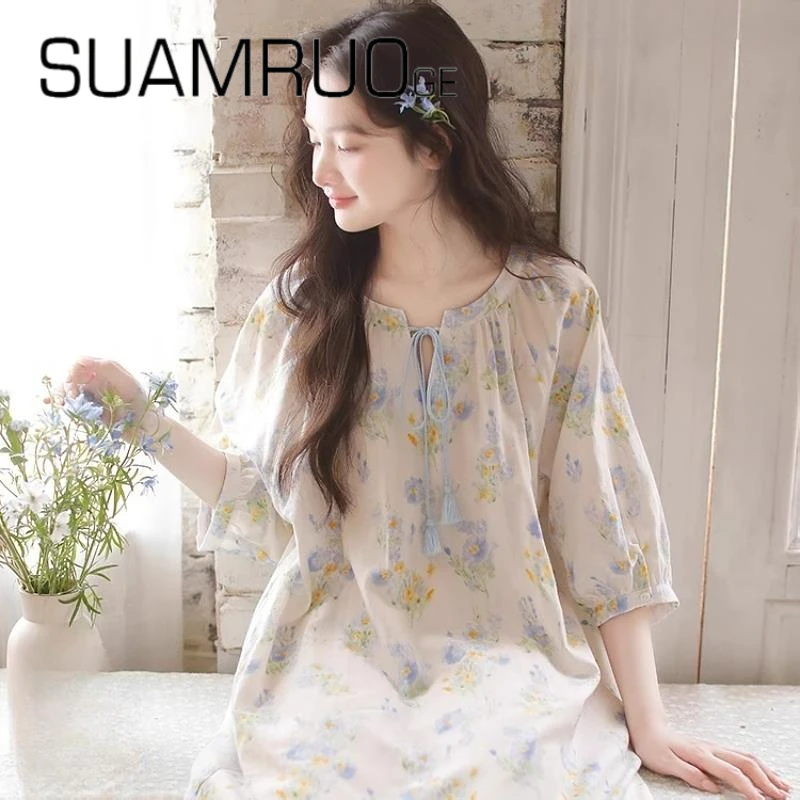 韩版小众睡衣女春秋新款夏季睡裙纯欲风甜美纯棉纱布七分袖家居服