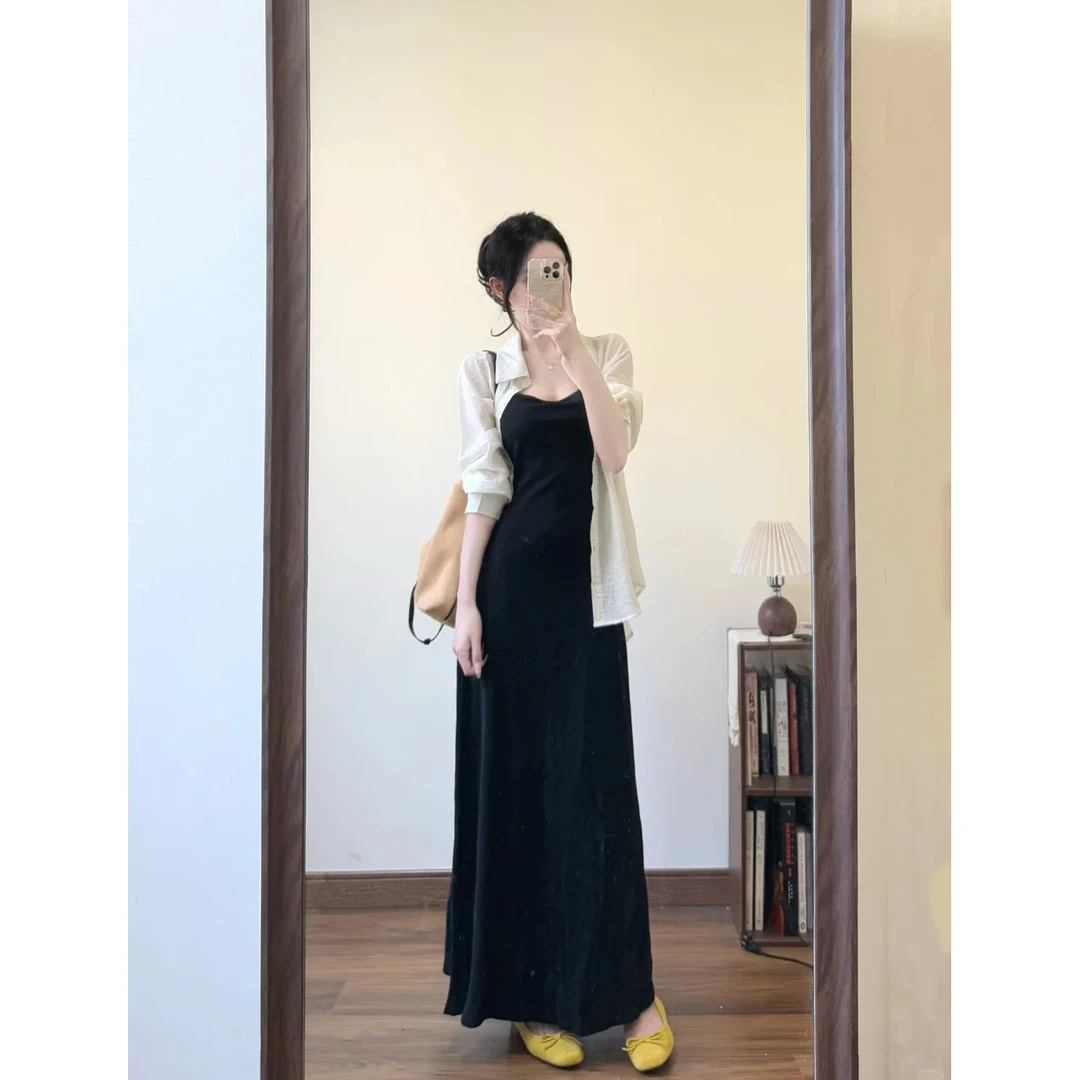 法式黑色吊带连衣裙女2025夏季新款薄款长袖防晒衬衫休闲两件套女