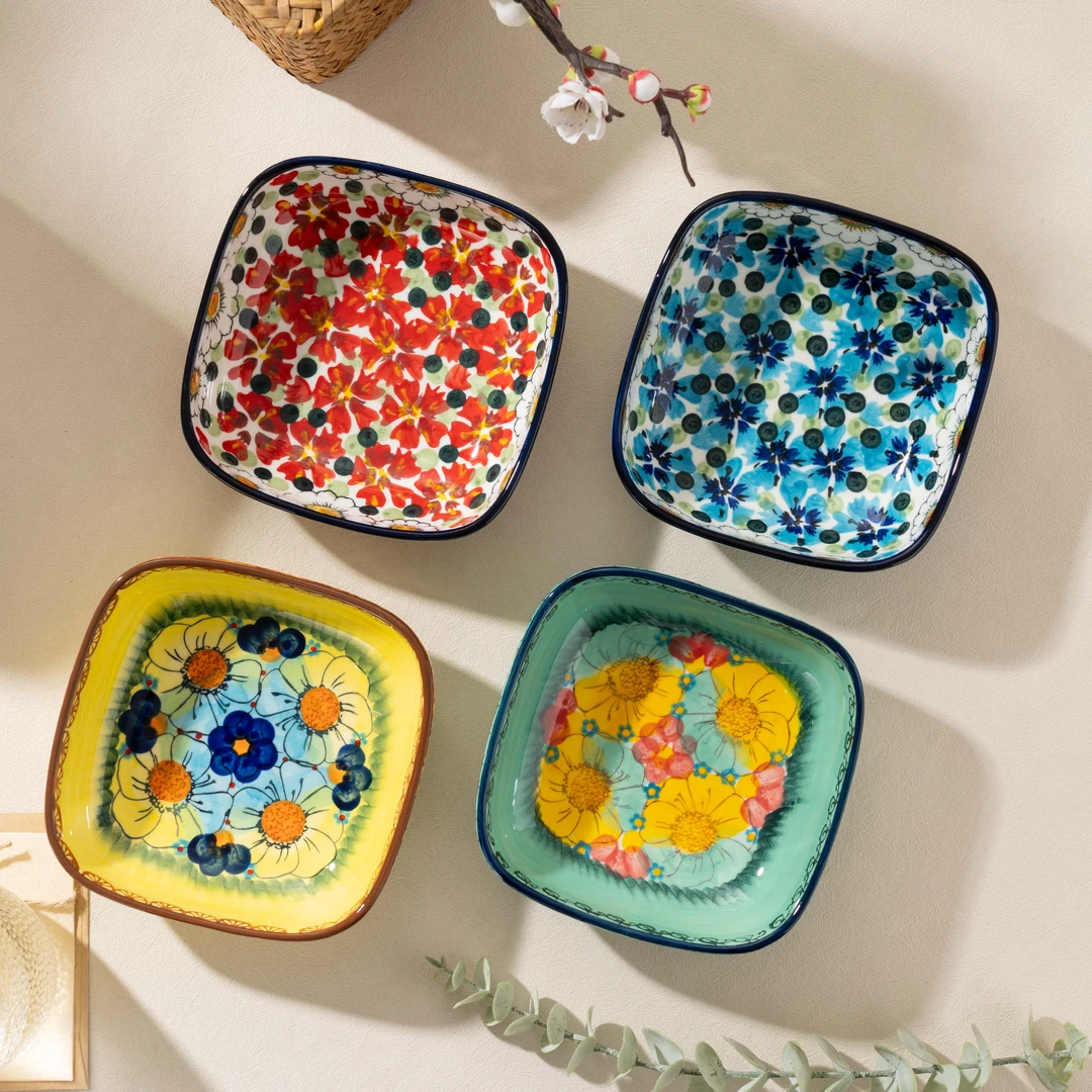 新【四色小碗】手绘轻奢家用6英寸方形盘创意干果盘餐盘