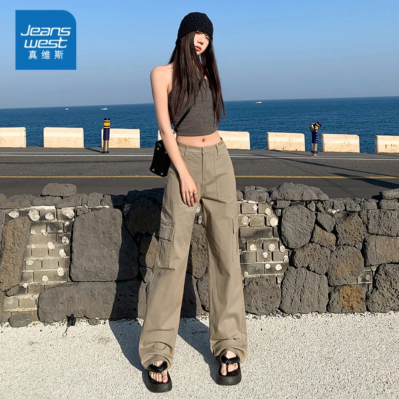 真维斯工装裤女秋冬薄款小个子美式复古休闲高腰窄版直筒牛仔长裤