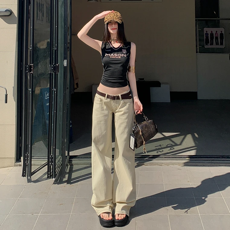 5th ootd! ｜美式辣妹低腰杏色阔腿牛仔春新款宽松显瘦直筒拖地裤