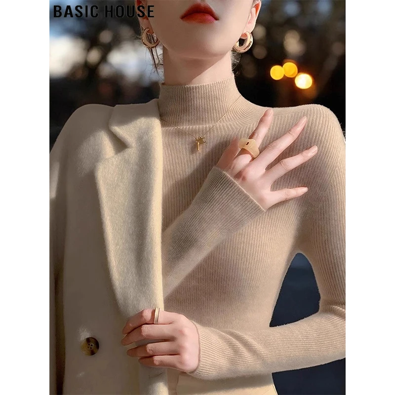 Basic House/百家好半高领针织打底衫女士秋季配大衣内搭长袖毛衣
