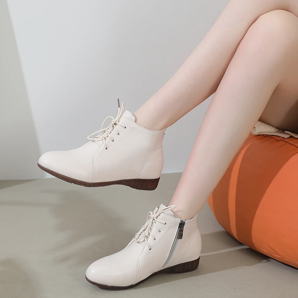 头层牛皮短靴平底春秋真皮单靴女靴软皮防滑单鞋女鞋软底妈妈靴子