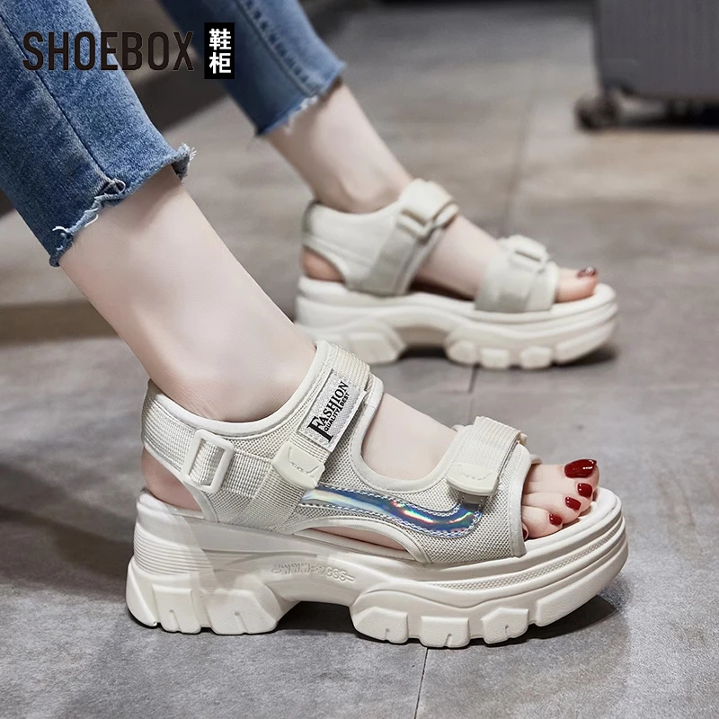 SHOEBOX鞋柜老爹凉鞋女夏季外穿2025新款厚底松糕运动休闲沙滩鞋