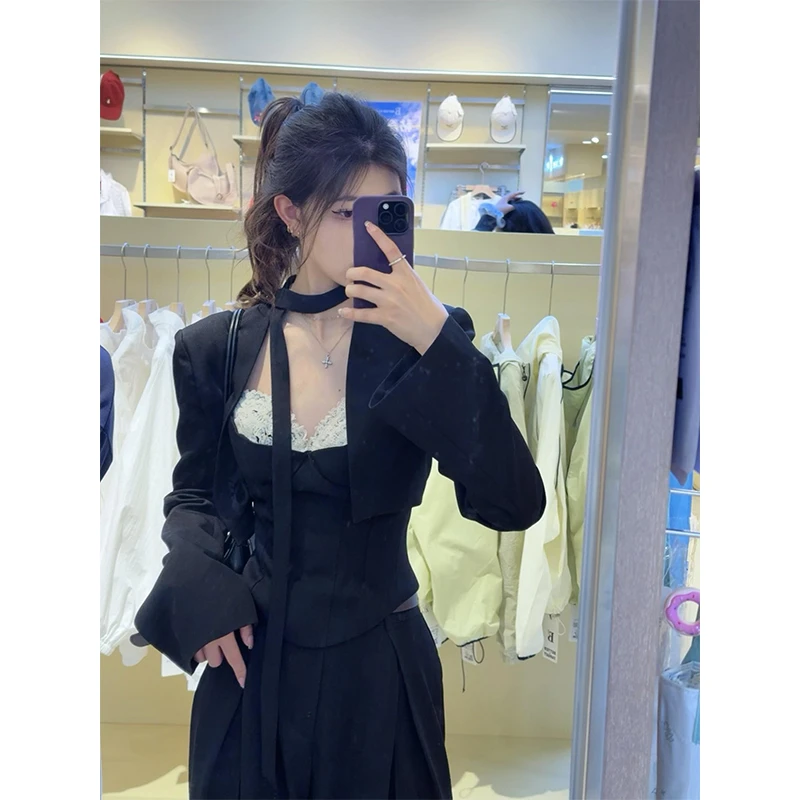 2025法式减龄独特蕾丝内搭显瘦短款长袖外套高腰百搭拖地裤阔腿裤