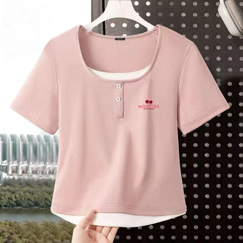 2025夏季方领假两件短袖t恤女修身显瘦时尚百搭休闲洋气减龄短款