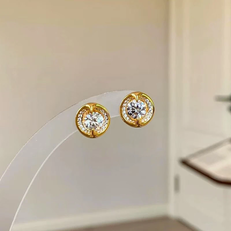 铜合金锆石耳饰 商务/OL金色情侣法式商务OL耳钉镶嵌轻奢镶钻1321