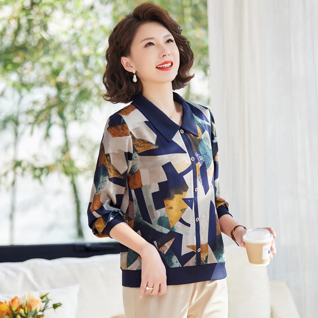 【热卖爆款】时尚翻领套头印花T恤25春小衫妈妈装中老年女春秋上衣