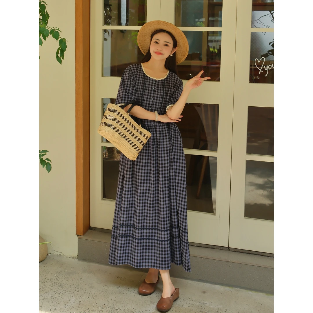 九月Oni蓝色格子连衣裙女秋季新款复古裙子柔软舒适C306B25