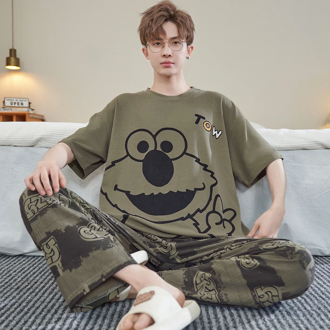 睡衣男款短袖长裤纯棉春秋季青少年中学生卡通男士全棉家居服套装