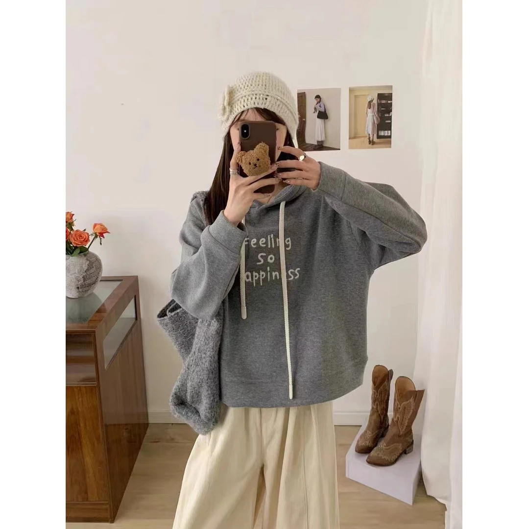 HMY5102502 2025新款精致刺绣英文字母连帽抽绳加绒加厚卫衣