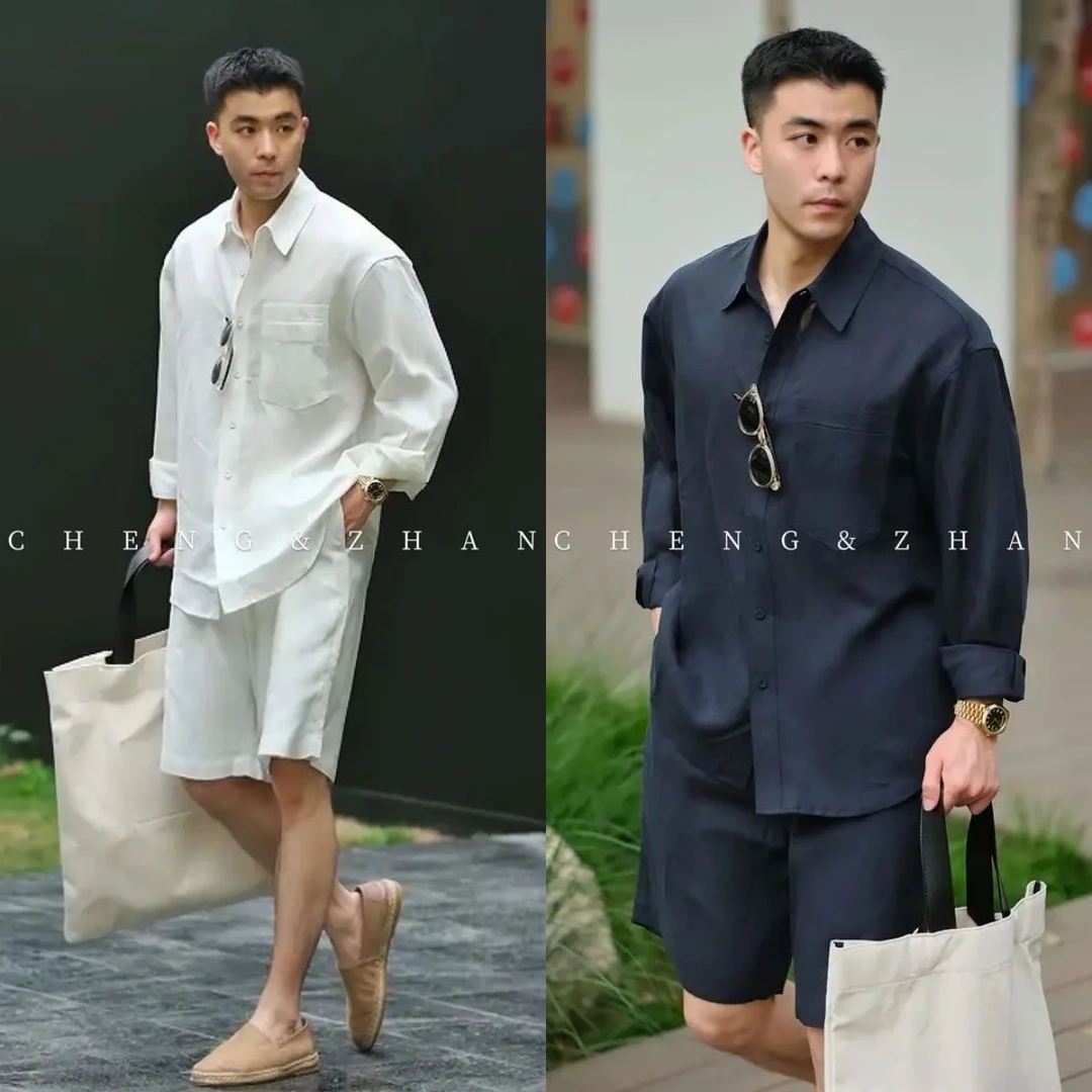 夏天清凉时尚套装男士通勤净版棉面料透气宽松休闲衬衫男式一整套