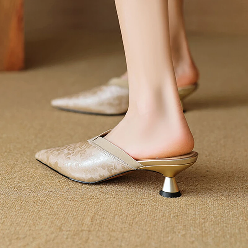 牛皮4.5cm尖头气质国风外穿包头半拖鞋女中跟细跟新中式凉拖鞋子