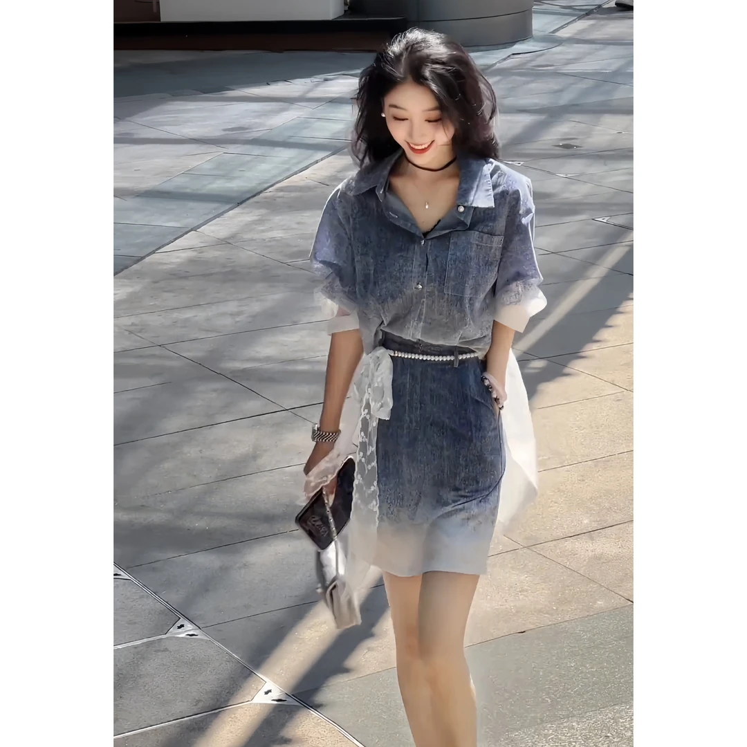 高级感时尚设计渐变蓝夏季新款独特气质小众洋气短袖衬衫连衣裙