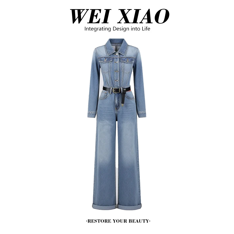 时尚Polo领长袖牛仔连体裤女2025春秋新款美式复古收腰显瘦连身裤