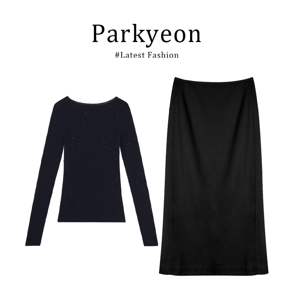 parkyeon早秋时尚气质长袖一字领上高腰百搭简洁黑色半身裙两件套