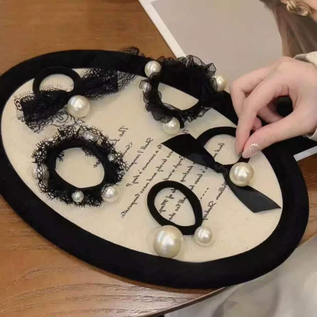 2025春夏新款珍珠黑色蕾丝花边发绳简约高弹力扎马尾头绳发圈女