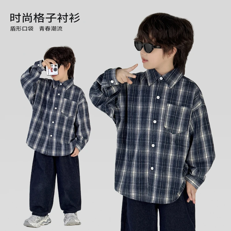 中班仔男童格子衬衫儿童长袖衬衣2025新款男孩秋季洋气潮*38415