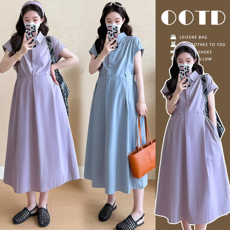 夏季孕妇装显瘦洋气尚连衣裙法式优雅气质寸衫翻领可哺乳时尚百搭