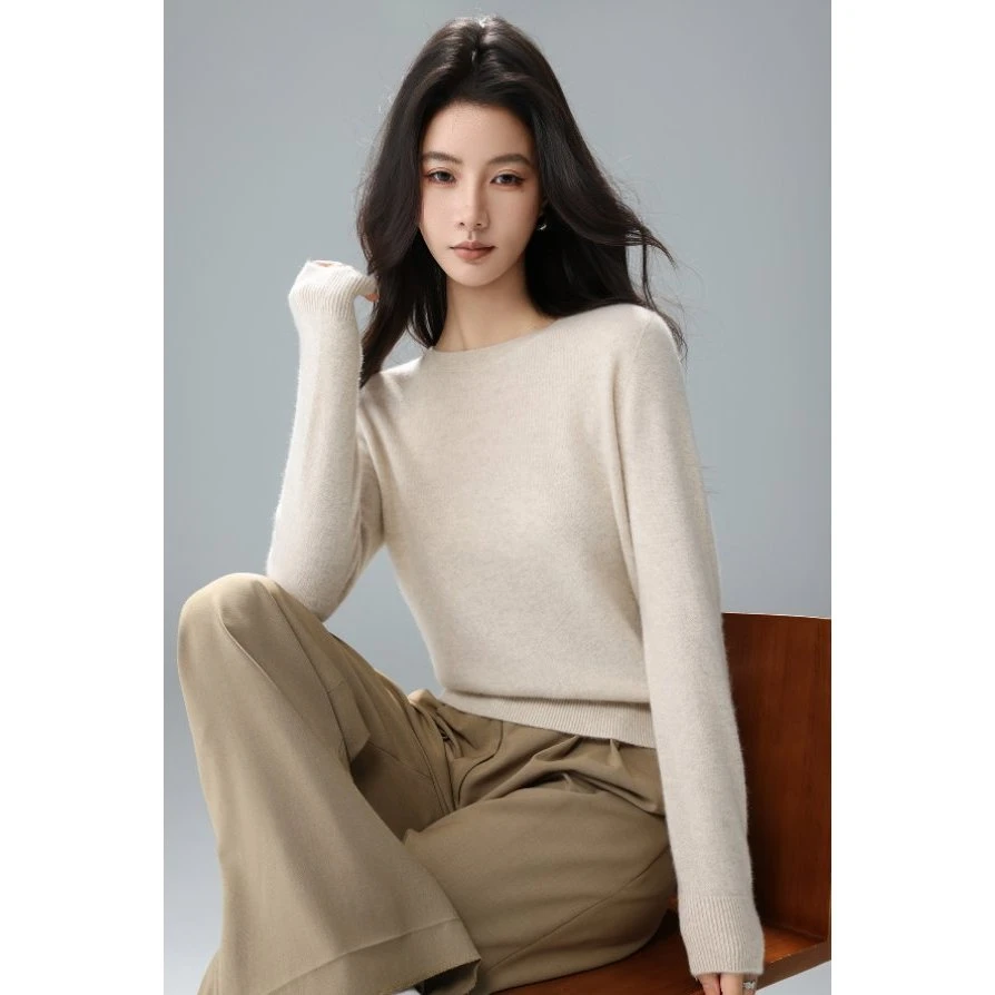 9009秋冬气质圆领100%山羊绒长袖宽松打底针织套头衫女上衣毛衣