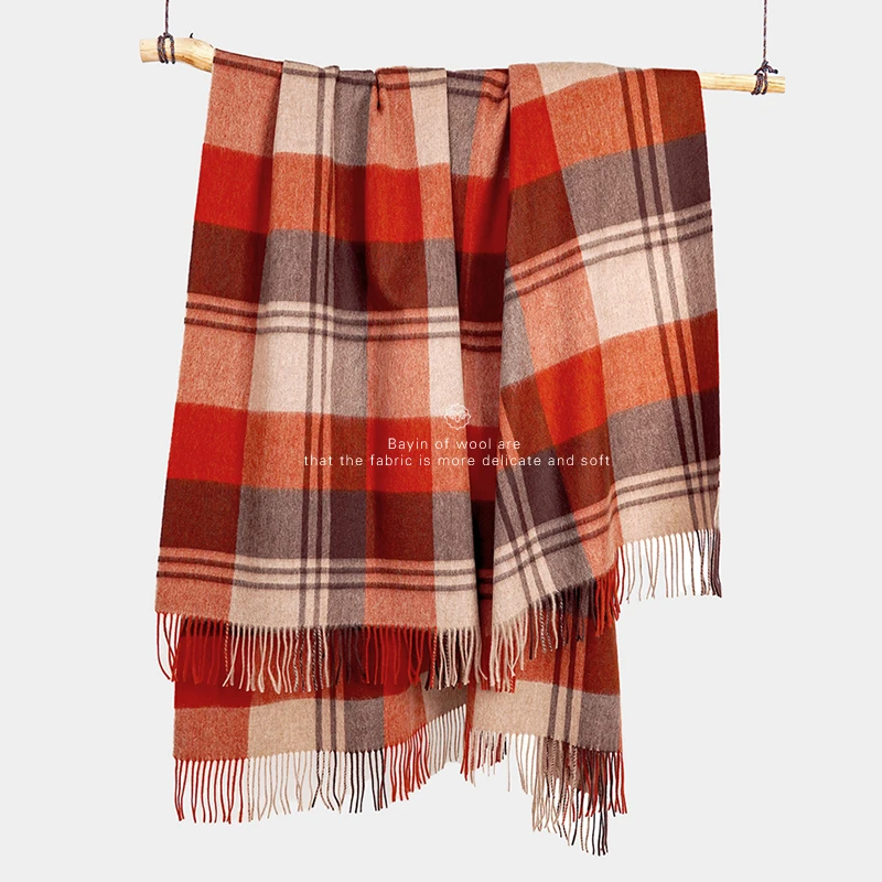 秋冬季保暖多功能百搭加大加厚纯羊毛格纹披肩披毯盖毯午睡毯