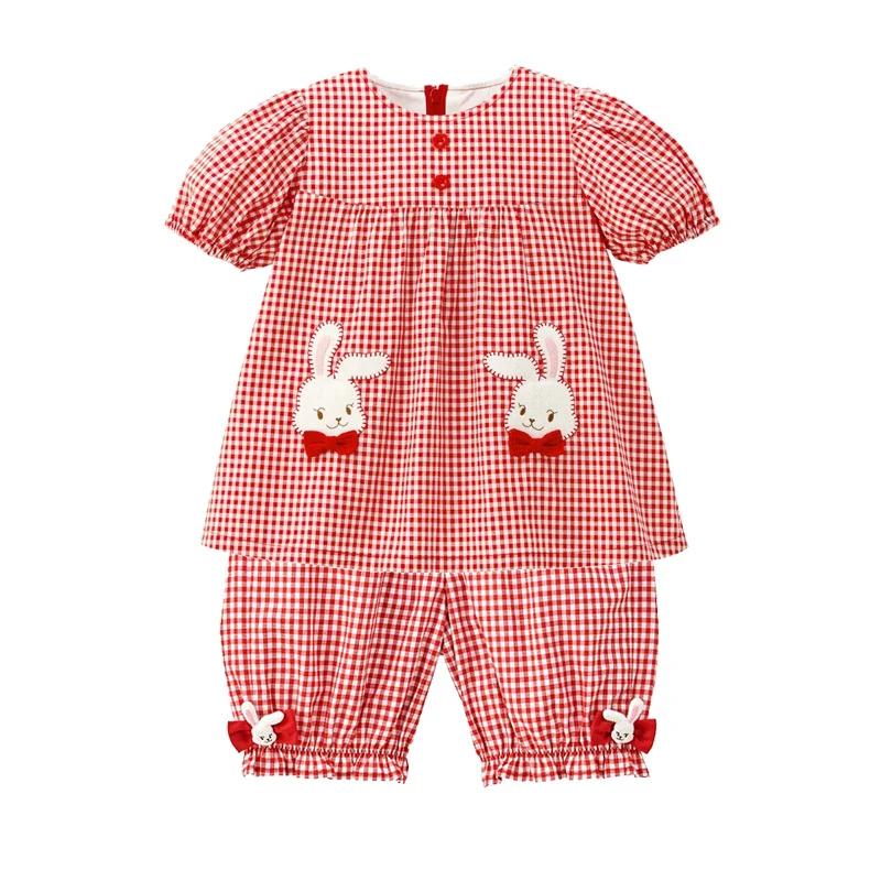 miki童装夏季新款女童格子短袖T恤CS富贵兔蝴蝶结刺绣薄款上衣