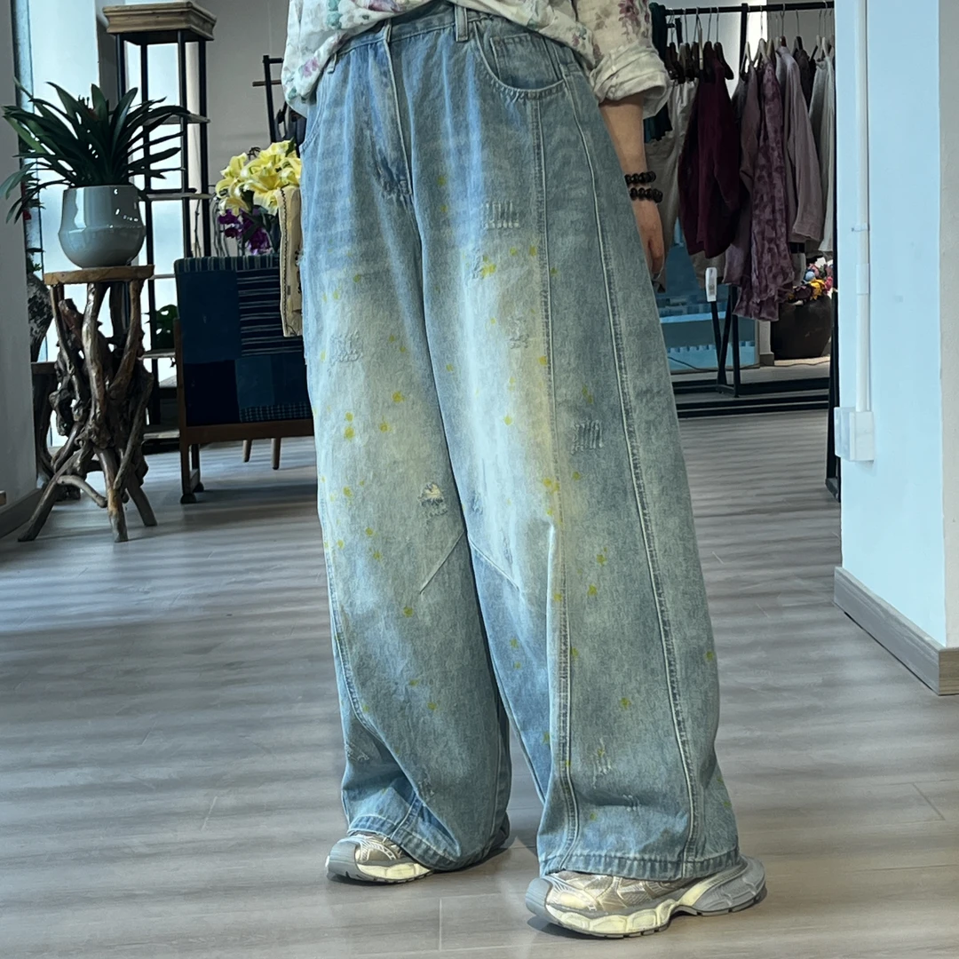 忆古朴拙重磅棉牛仔前侧褶皱工艺磨破休闲裤252055水洗蓝色