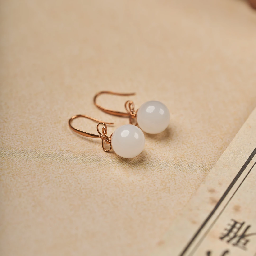 【玉氏珠宝】18K白玉圆珠耳饰-约9mm CANYF0010069