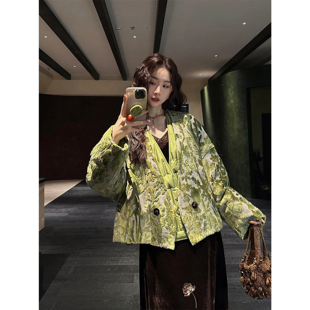 三吉黑花【歌剧魅影】新中式国风割绒短款羽绒服女款冬季2025新款