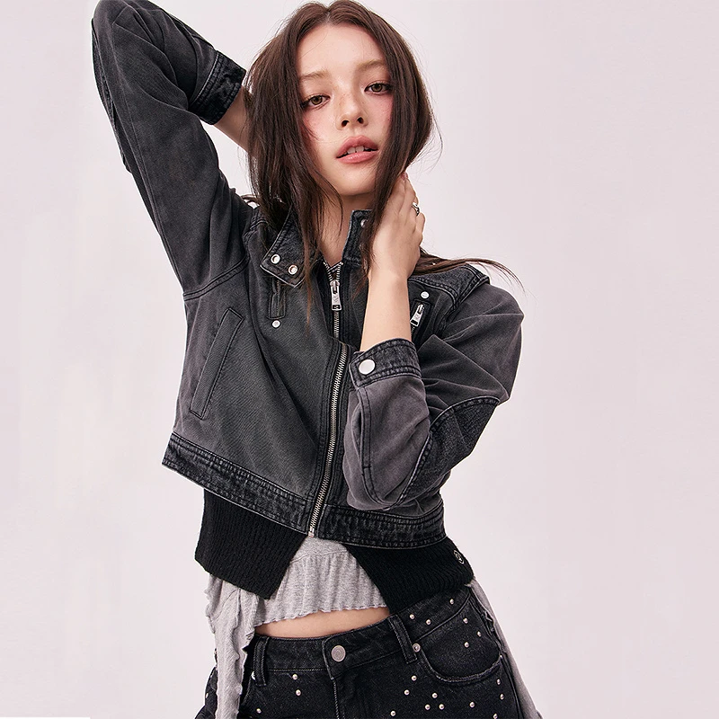CHUU秋季女装水洗磨白做旧设计个性拉链复古百搭辣妹外套