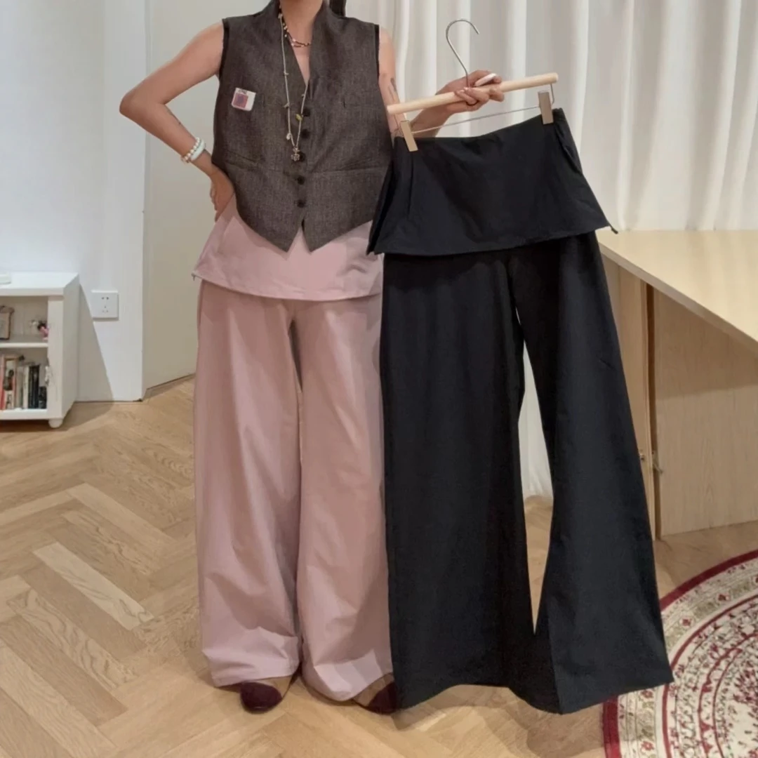 现货ANN屁帘阔腿裤品牌设计师速干假两件裤纯色休闲女款