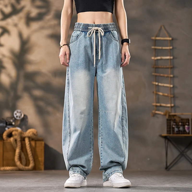 夏季薄款宽松休闲牛仔裤男松紧腰直筒复古百搭潮流牛仔裤子51606