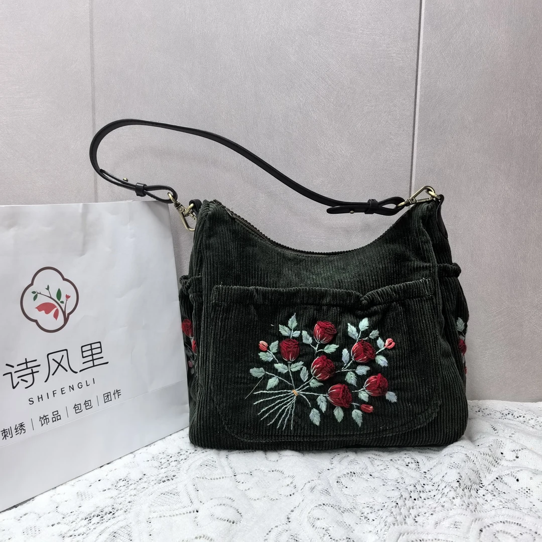 手工刺绣单肩包月亮包灯芯绒布艺手提拉链老布耐磨重工酒杯玫瑰