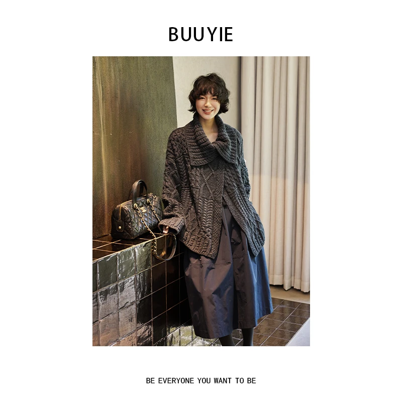 BUUYIE 25SS【暮纨】复古麻花翻领针织开衫慵懒感外套 250920