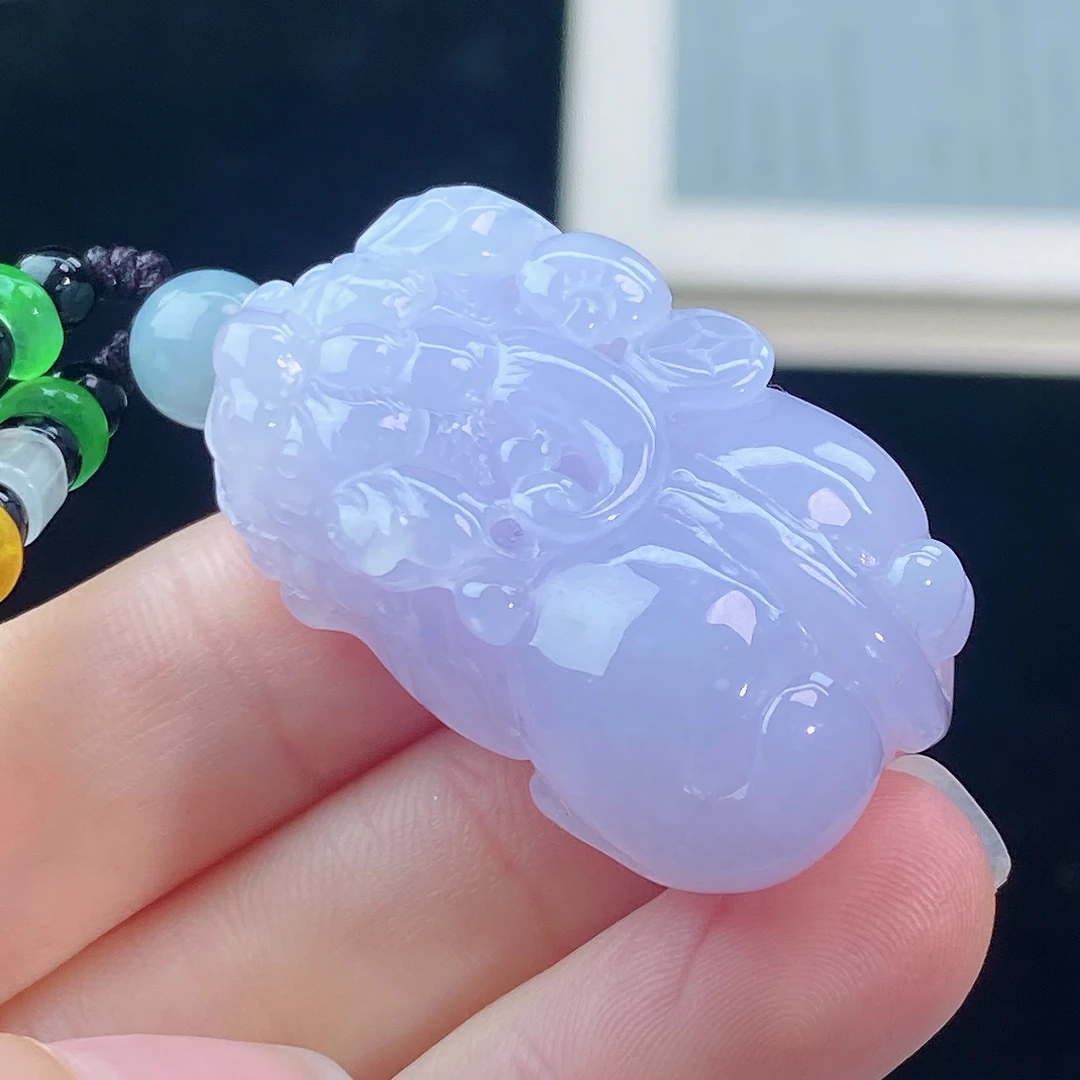 冰透淡紫口含珠如意貔貅吊坠 天然A货缅甸翡翠貔貅挂件37-23-11mm