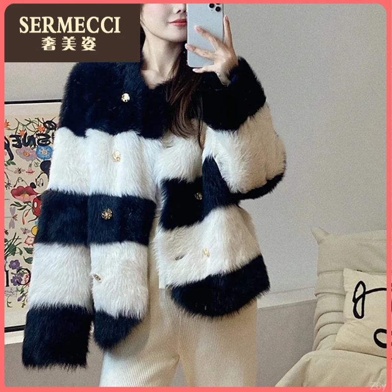 上档次奢美姿时尚2025年冬季黑白撞色外套女短款大衣