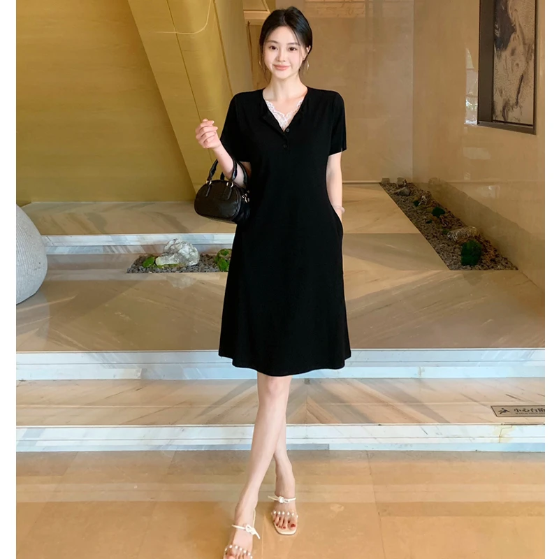 【墨墨家】2025夏季新款时尚法式V领蕾丝花边气质显瘦连衣裙628