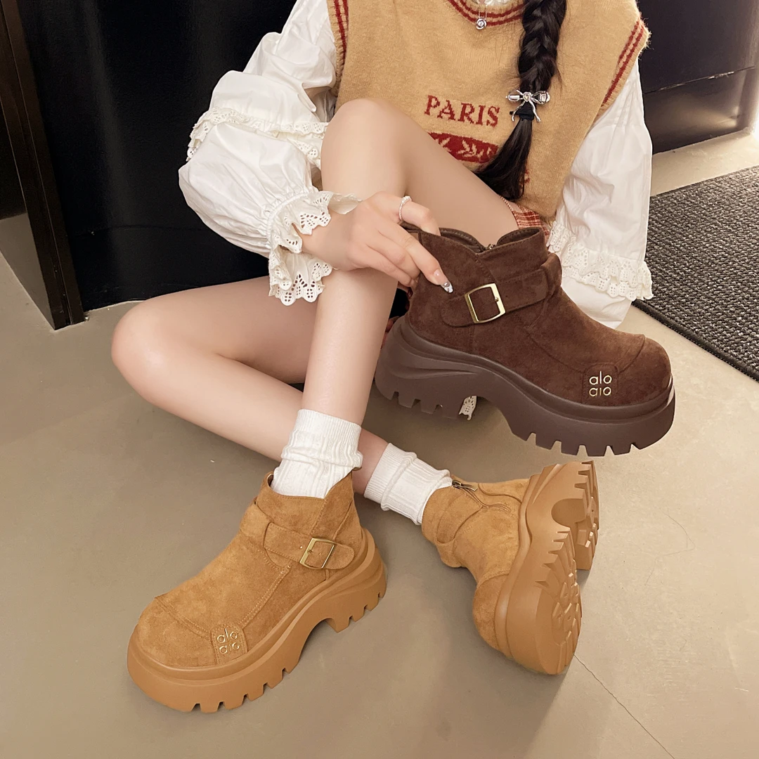 新款低跟印染套筒厚底厚款时尚休闲鞋短筒秋冬靴子复古