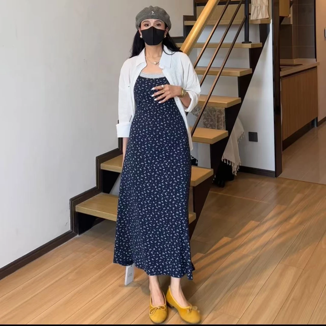 小个子法式夏季吊带裙长裙韩系复古碎花显瘦连衣裙吊带气质时尚