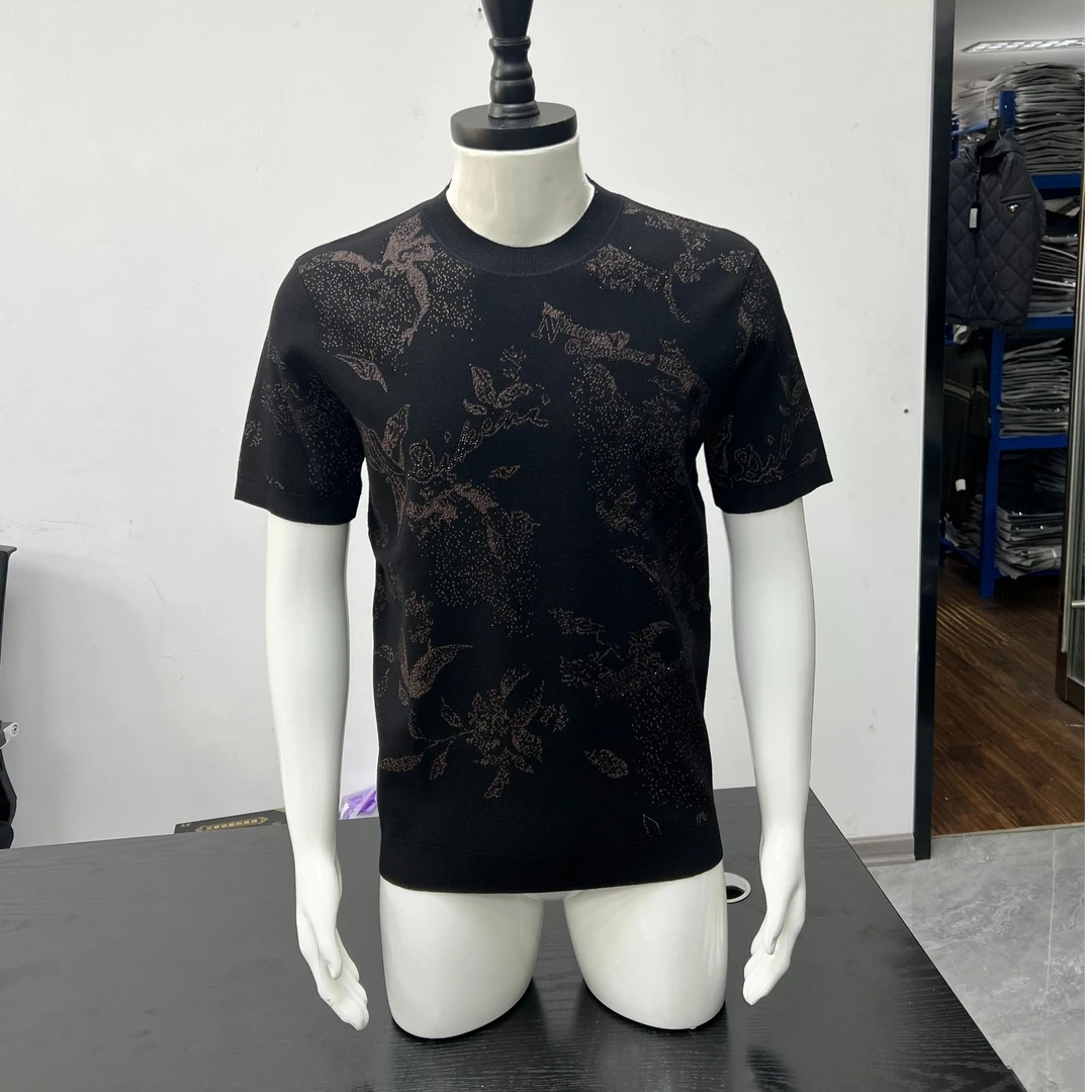 欧货男士高品质针织短袖休闲时尚百搭半袖印花修身